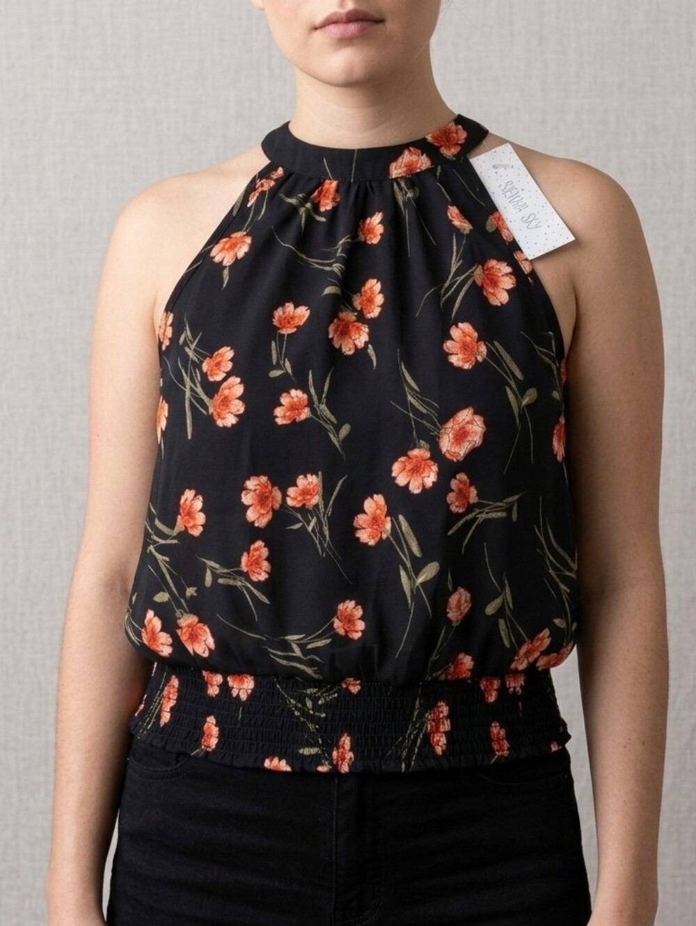 Sienna Sky Black Halter Crop Top with Coral Floral Print
